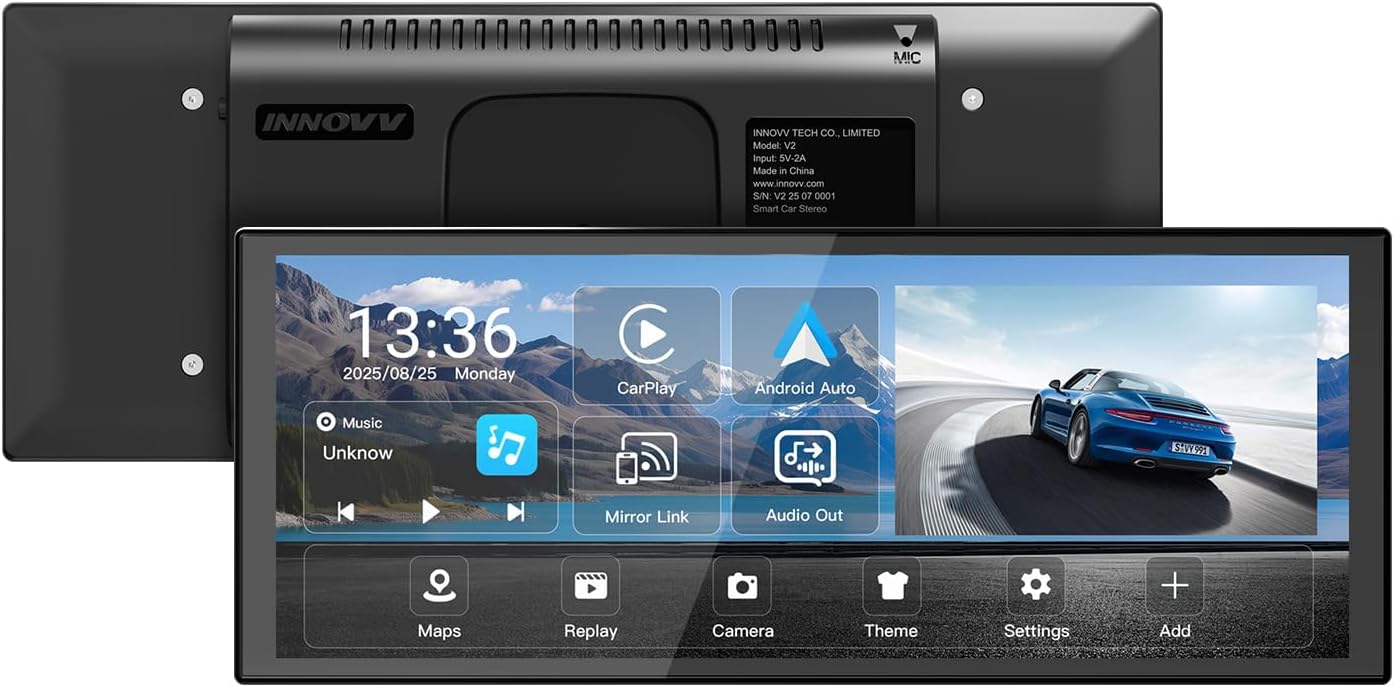INNOVV V2 10.3 Inch Wireless CarPlay & Android Auto HD IPS Touch Screen 1920x720, Universal Fit, Plug and Play, Mirror Link, GPS, Loop Recording, Siri & Google Assistant, Adjustable Magic Stand