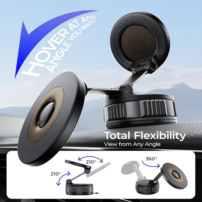 Magnetic Car Phone Holder, Strong Magnet with Vacuum Suction Cup Dashboard Mount, 360° Rotatable Adjustable Angle, Foldable Lightweight Car Phone Stand for iPhone 17/16/15/14/13/12 Pro Max