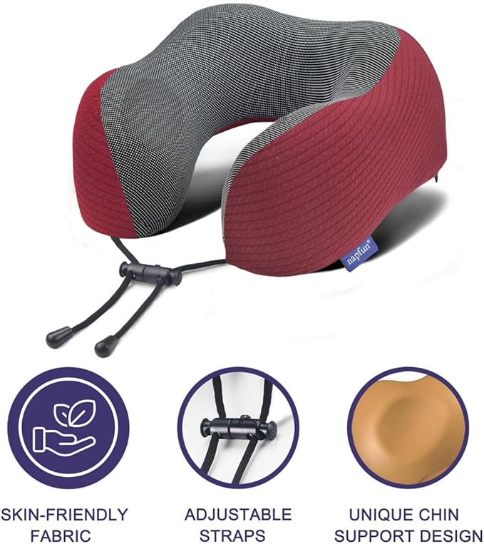 napfun Neck Pillow for Traveling, Upgraded Travel Neck Pillow for Airplane 100% Pure Memory Foam Travel Pillow for Flight Headrest Sleep, Portable Plane Accessories, Burgundy Striped Kit
