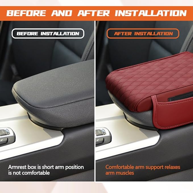 Car Center Console Cover, Napa Leather Car Armrest Cushion with Side Pockets, Memory Foam Auto Armrest Seat Box Mat, Universal Interior Armrest Protective Cover Accessories for Most Vehicle