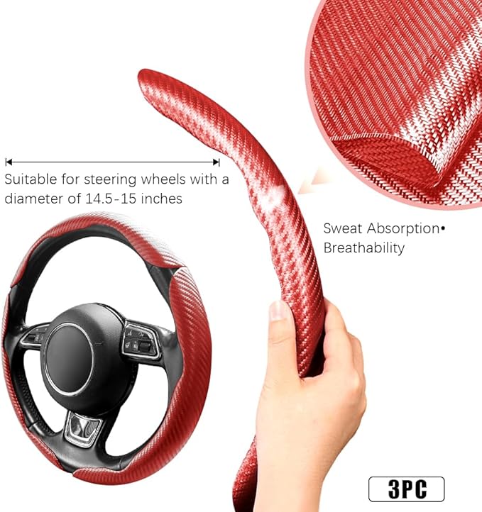 Pincuttee Carbon Fiber Steering Wheel Cover - 3PC, Universal Non Slip Steering Wheel Protector, Car Interior Accessories (Matte Red)