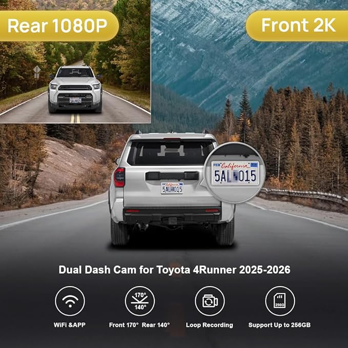 Fitcamx Front 2K+Rear 1080P Dash Cam Adapts for Toyota 4Runner 2025-2026 & Hybrid (HD2-35030), OEM Style, Dual HD Video, Built-in WiFi & APP, Loop Recording, Gravity Sensor, Easy to Use, 64GB Card