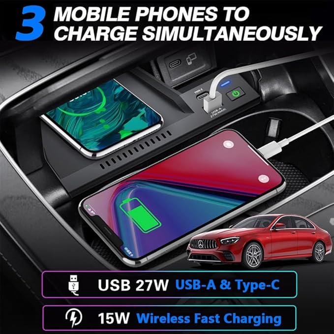 Wireless Car Charger for Mercedes-Benz E-Class 2020-2023, Fast Charging Phone Charger Pad for Mercedes Benz E350 E450 AMG E53 E63 S Coupe Wagon Convertible Accessories