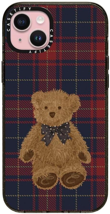 CASETiFY Impact Case for iPhone 15 Plus [8.2ft 4X Military Grade Drop Protection/Compatible with Magsafe] - Teddy Bear Plaid - Clear Black