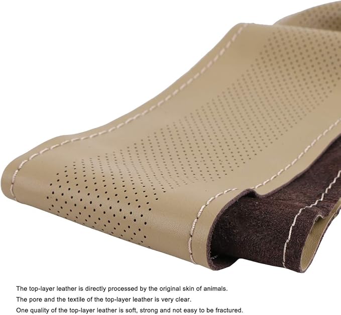 Elegant Beige Genuine Leather Car Steering Wheel Cover Men Business Style 15 Inch Fit Toyota Ford GM Accord Etc Most Cars