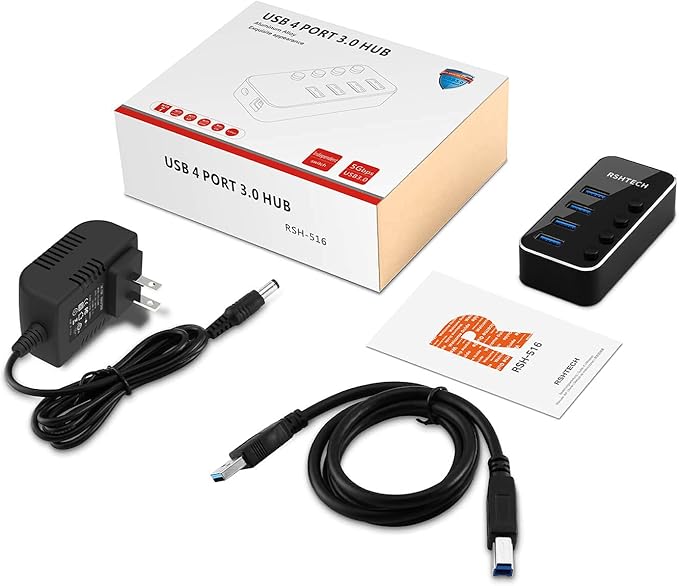 Powered USB Hub, RSHTECH 4 Port USB 3.0 Hub Splitter Portable Aluminum USB Data Hub Expander with Individual On/Off Switch and Universal 5V AC Adapter, 3.3ft USB 3.0 Cable (RSH-516)