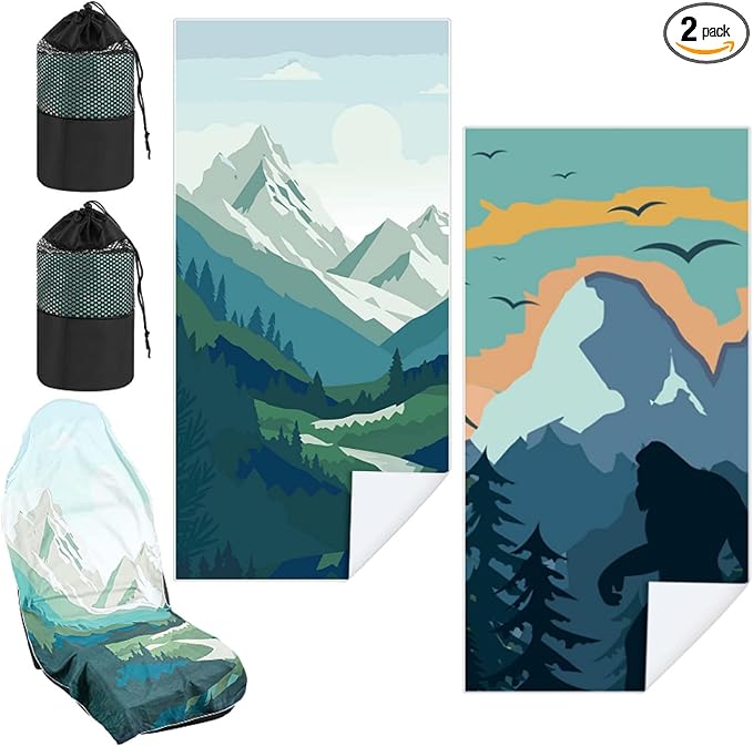 2 Pack Car Seat Towel Covers with Storage Bag 63 x 32 Inch Athletic Running Towel Seat Sweat Washable Non Slip Cover Gift for Car Outdoor Sport Activities (Yosemite,Sasquatch)