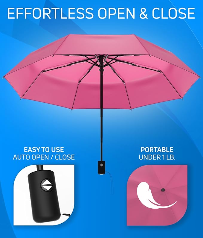 Rain-Mate Windproof Compact Umbrellas for Rain - Strong Reinforced Fiberglass Rib Design & Auto Open & Close - Portable Folding Travel Umbrella - Lightweight & Packable for Women & Men, Easy Collapse