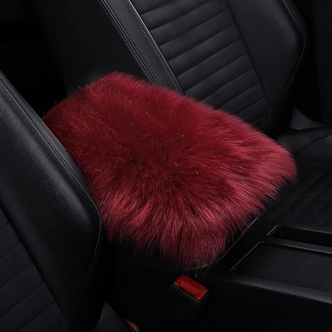 Center Console Cushion Pad/Cover, 11.4"x7.4" Furry Armrest Cover for Cars, Vehicles, SUVs, Premium Sheepskin Wool, Car Interior Accessories for Women(Wine Red)