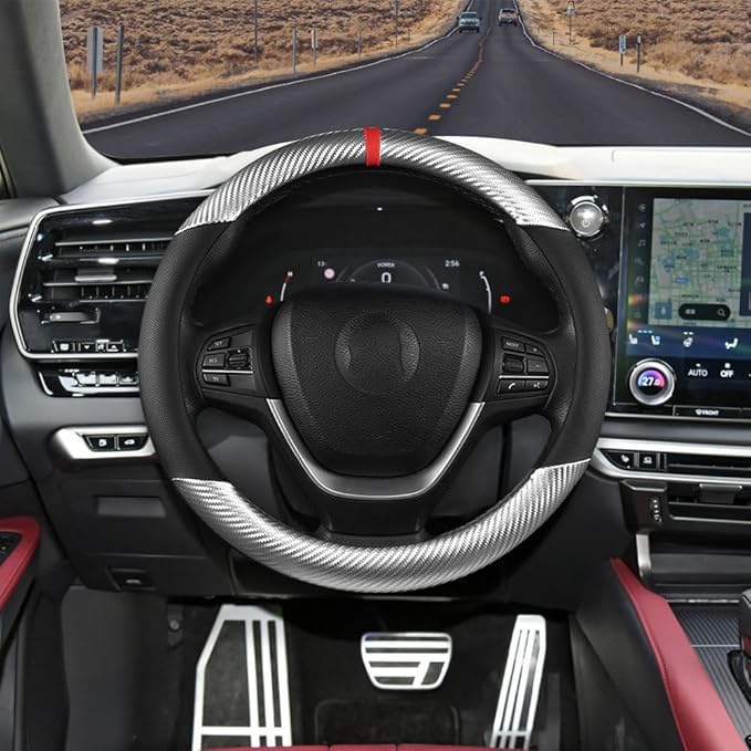 Carbon Fiber Car Steering Wheel Cover, Universal 15 inch Breathable Anti Slip Steering Wheel Covers, Car Interior Accessories for Men and Women, Fit for Most Vehicles (Black/Silver)