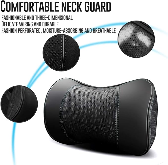 Car Leather Neck Pillows, Neck Rest Cushions,100% Memory Foam Cervical Support, Comfortable Travel car Seats and Home Office Soft Pillows, Black a Set (2 pcs)
