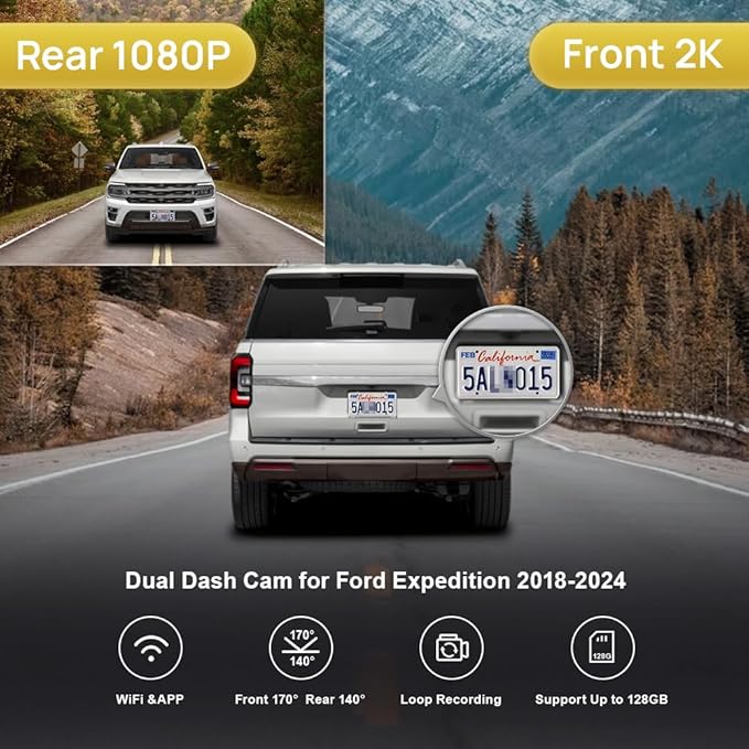 Fitcamx Front 2K+Rear 1080P Dash Cam Adapts for Ford Expedition 2018-2024 XL XLT Limited Platinum King Ranch MAX (HD2-6275), OEM Look, Dual Loop Recording, WiFi & APP, G-Sensor, Easy to Use, 64GB Card