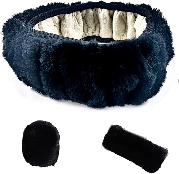 Fluffy Steering Wheel Cover, Winter Warm, Suitable for Most Car Steering Wheels in The 14-15 Inch Range (Black, 3PCS)