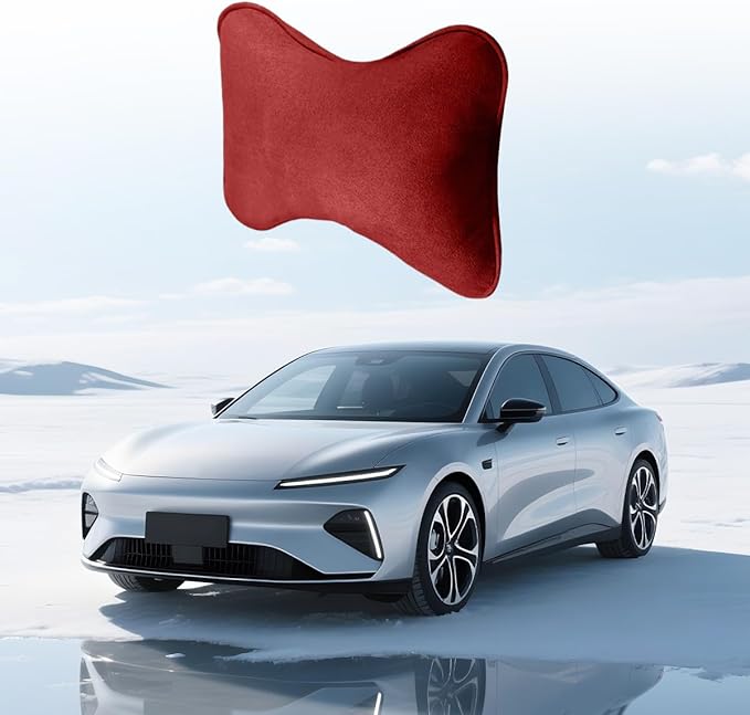 Car Headrest Pillow, Suede Soft Comfortable Breathable Vehicle Seat Neck Support Cushion with Adjustable Strap, Ergonomic Design Auto Head Rest Pad, Universal for Sedan RV Truck (Red)