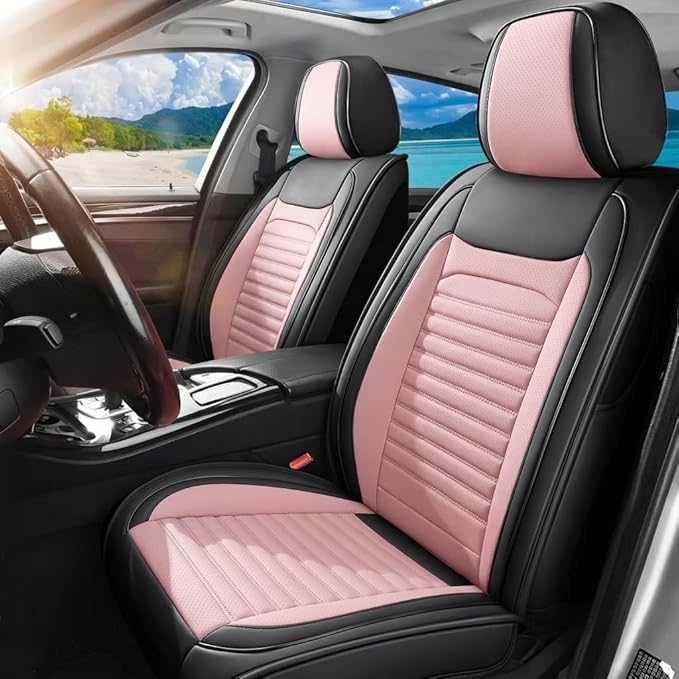 Truck Seat Covers Full Set Fit for Toyota Tacoma 2001-2026, Premium Faux Leather Car Seat Protector,Breathable Anti-Slip Full Wrapping Edge Seat Covers(Black&Pink,Full Set)