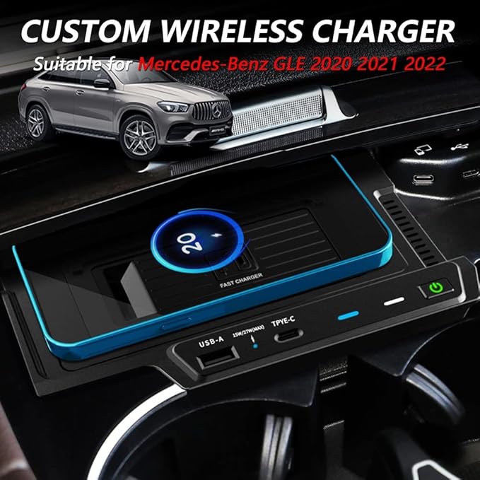 Wireless Car Charger for Mercedes-Benz GLE AMG-GLE Coupe 2020 2021 2022 All Models, 15W Fast Charging Phone Pad W167 350/450 AMG 53/53 Coupe/63 S Accessory color size