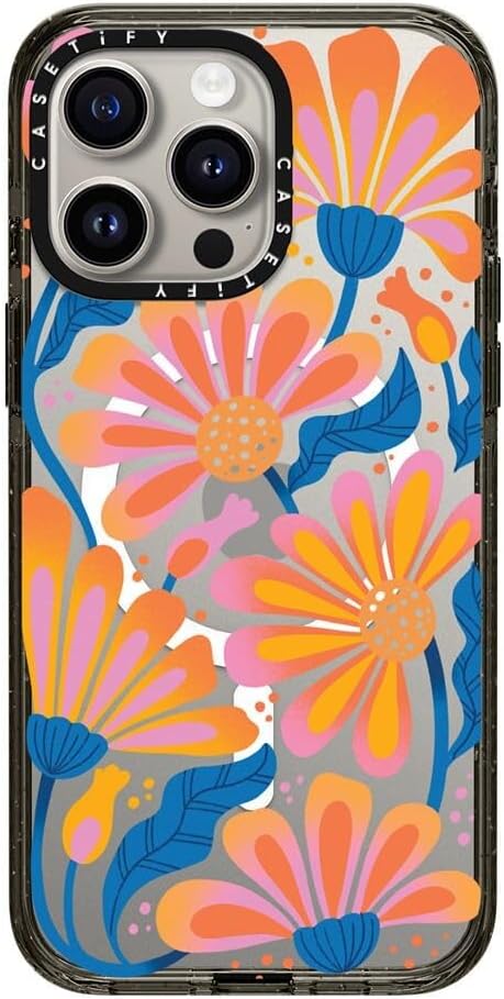 CASETiFY Impact Case for iPhone 15 Pro Max [4X Military Grade Drop Tested / 8.2ft Drop Protection/Compatible with Magsafe] - Flower Prints - Lazy Daisy - Clear Black