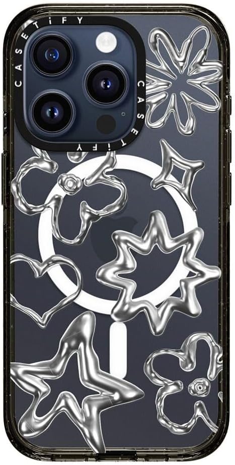 CASETiFY Impact iPhone 15 Pro Case [4X Military Grade Drop Tested / 8.2ft Drop Protection/Compatible with Magsafe] Chrome Doodles - Clear Black
