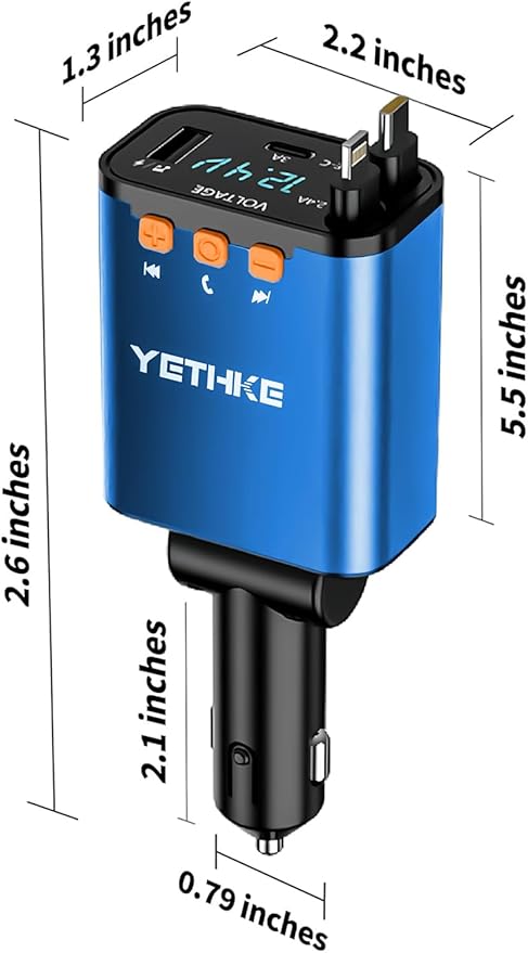 Bluetooth Car Adapter with Retractable Charger,[Upgrade] Bluetooth 5.4 FM Transmitter for Cars, 4 in 1 Fast Car Charger 69W, Handsfree Call, 2*Retractable Cable for iPhone 17/16/15/14, Galaxy-Blue