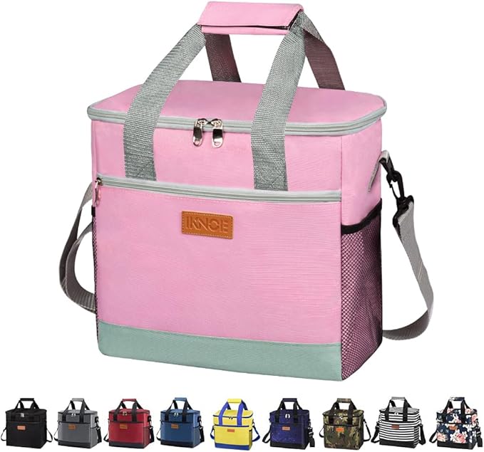 Iknoe Large Cooler Bag Collapsible 24 Can Insulated Bags Leakproof Lunch Cooler Tote with Multi-Pockets for Adult Insulated Thermal Bag for Beach, Picnic, Office Work(Pink)
