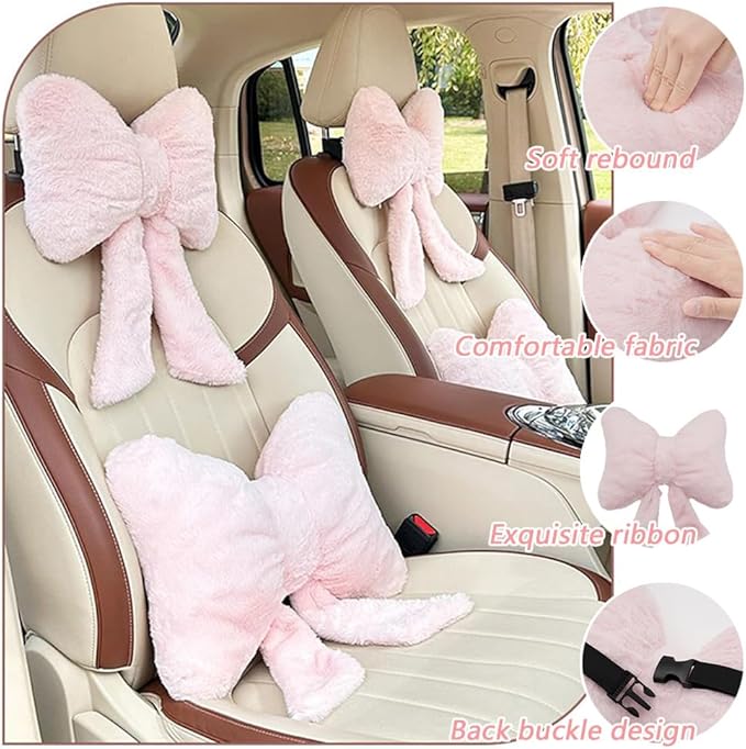 LYFJMUS 4 Pack Plush Bow Car Headrest Pillow and Lumbar Support Pillow Soft Butterfly Car Neck Pillows for Driving Cars Decor (Pink)