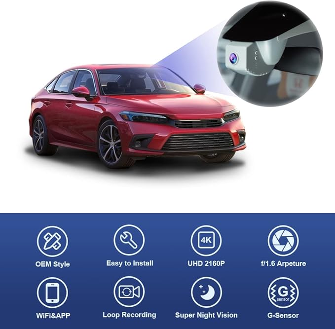 Fitcamx 4K Dash Cam Suitable for Honda Civic 2022-2026 & Type R Si (Black Cover), OEM Factory Look, UHD 2160P Video, Built-in WiFi & APP, Loop Recording, Gravity Sensor, Easy to Install, 64GB Card