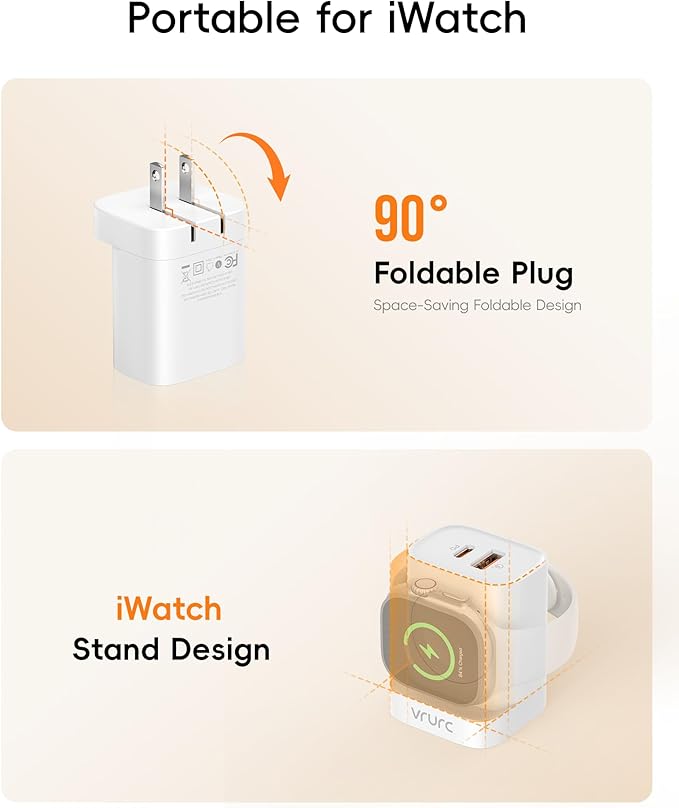 VRURC Charger for iPhone & Apple Watch, 20W USB C Fast Charging Block, 3-in-1 Compact Travel Adapter with 2 Port for iPhone 17/16/15/14/13, Wireless Magnetic for iWatch SE/11/10/9/8/7/6/5/4-White