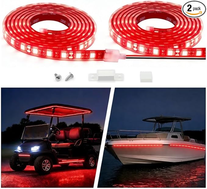 12V Marine Boat LED Light Strip Super Bright, 2 Pack 6.56FT IP68 Fully Waterproof RV Front Cap Lights, Golf Cart Underglow Roof Lights Strip for Truck ATV UTV SUV Car Pickup Trailer, Cuttable, Red