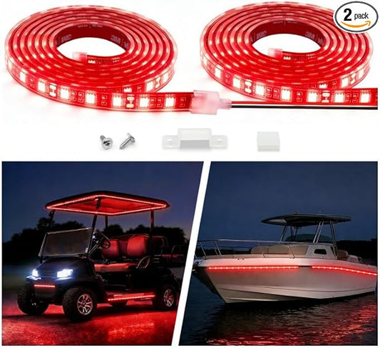 12V Marine Boat LED Light Strip Super Bright, 2 Pack 6.56FT IP68 Fully Waterproof RV Front Cap Lights, Golf Cart Underglow Roof Lights Strip for Truck ATV UTV SUV Car Pickup Trailer, Cuttable, Red