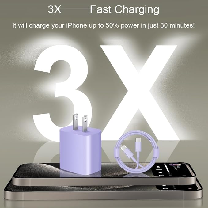iPhone 17 16 15 Charger Fast Charging 2+2Pack 20W USB C Wall Charger with 6FT Fast Charging Cable Compatible with iPhone 17/17 Air/17 Pro/17 Pro Max/iPhone 16/15 Series, iPad Pro/AirPods - Purple