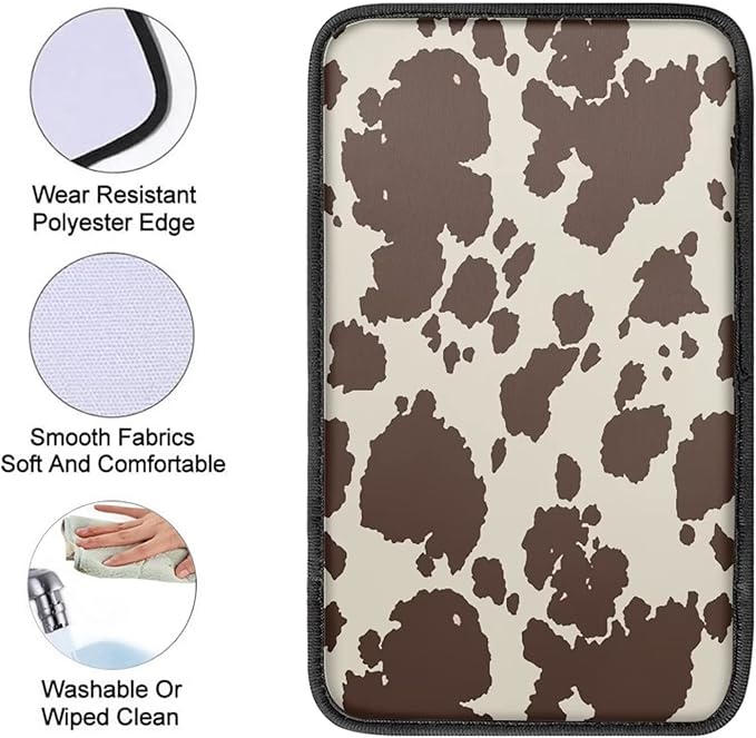 Dreaweet Brown Cow Print Auto Center Console Pad, Breathable Car Armrest Seat Box Cover Protector Universal Fit Cushion for Most Cars