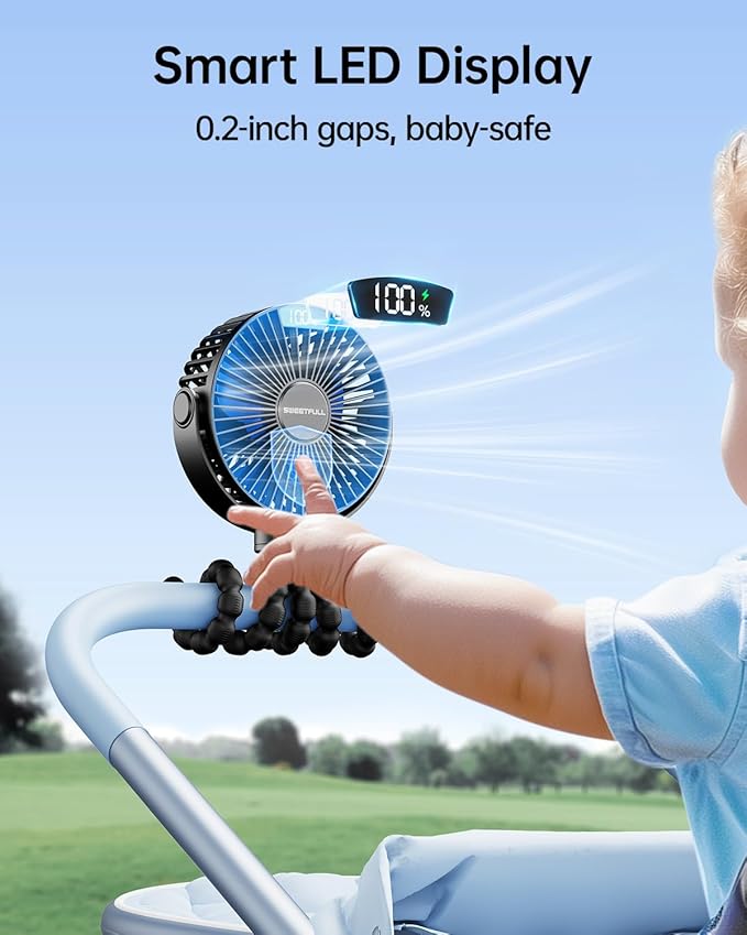 SWEETFULL Portable Stroller Fan with LED Display, 4 Speed Rechargeable Mini Clip On Fan, 360° Rotate Flexible Tripod Better Cooling Small Baby Fan for Car Seat Crib Travel Bike Treadmill (Black)