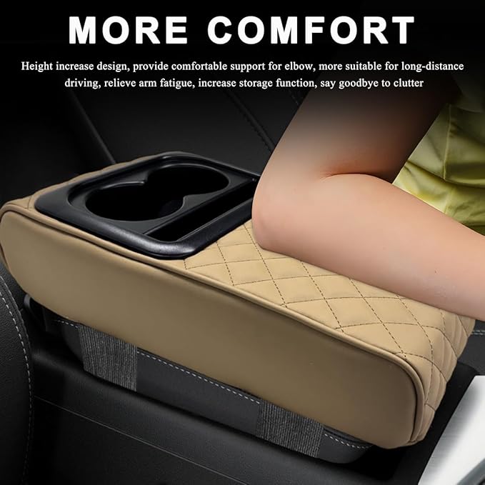 Car Center Console Armrest Pillow, 14"×8.3" Waterproof Leather Armrest Box Cover with Cup and Phone Holder, Soft Memory Foam Arm Rest Console Pad Protector for SUV Truck (Beige, Embroidery)