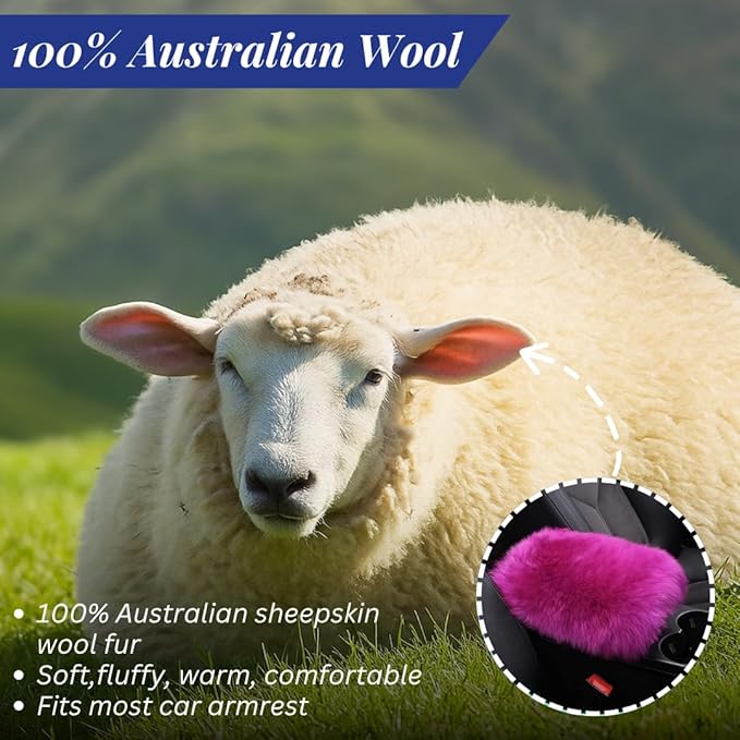 Andalus Brands Pure Australian Sheepskin Fluffy Car Center Console Cover, Luxurious Non-Shedding Furry Arm Rest Cover for Car, Versatile for All Seasons, Hot Pink - (11.47" X 6.3")