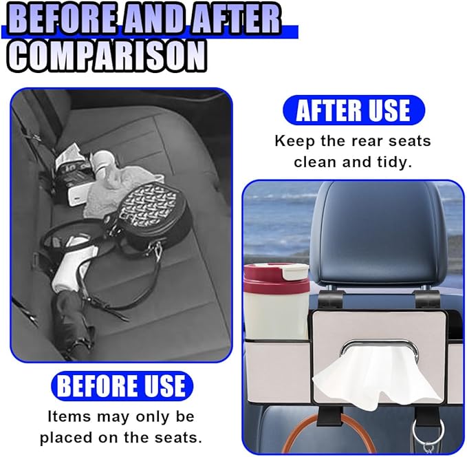 YoRise Multifunctional Car Back Seat Organizer, Leather Automotive Headrest Phone & Tissue & Cup Holder with Hooks, Family Travel Vehicle Backseat Storage Box for Drink, Snack, Handbag (White)