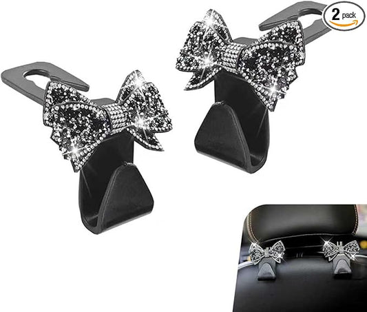 2 PCS Car Seat Headrest Hooks, Bling Rhinestone Bow Hangers, Invisible Backseat Storage Hooks, Universal for Most Cars, SUVs, Vehicles (Black)