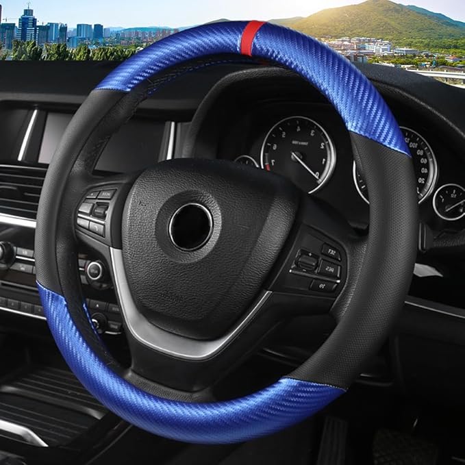 KAFEEK Carbon Fiber Steering Wheel Cover, Universal 15 Inch for Men Women, Breathable Microfiber Leather, Anti-Slip Inner Lining, Sporty Design, Cool in Summer Warm in Winter (Carbon Fiber Blue)