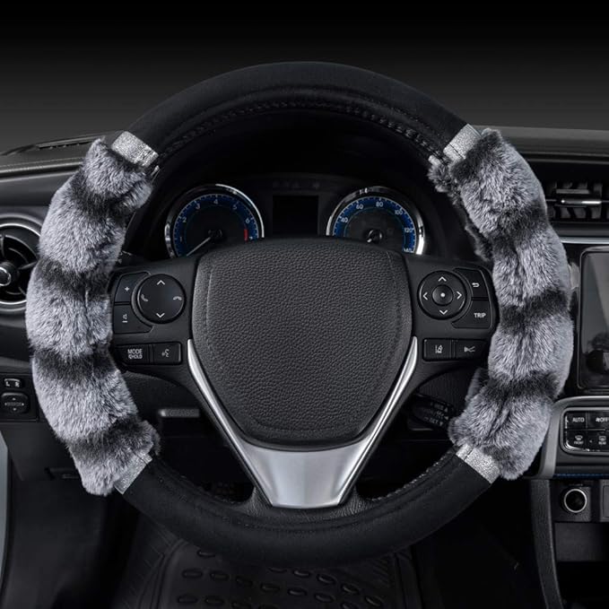 BDK Bear Fur Plush Steering Wheel Cover - Cute Faux Wool Protector for Women Girls Fits Wheels 14.5-15 inch Two Tone Black/Gray - with Glitter