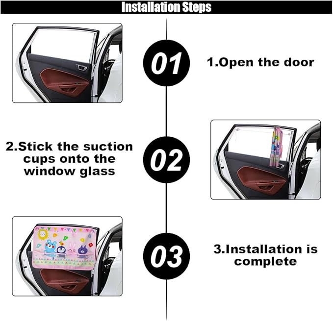 Car Window Shade for Baby, Blackout Car Window Curtain with Storage Pockets & 7 Suction Cups, Cartoon Pattern Cars Side Window Sun Shade Cover for Sun/Heat/UV Rays Protection (Pink-Animals)