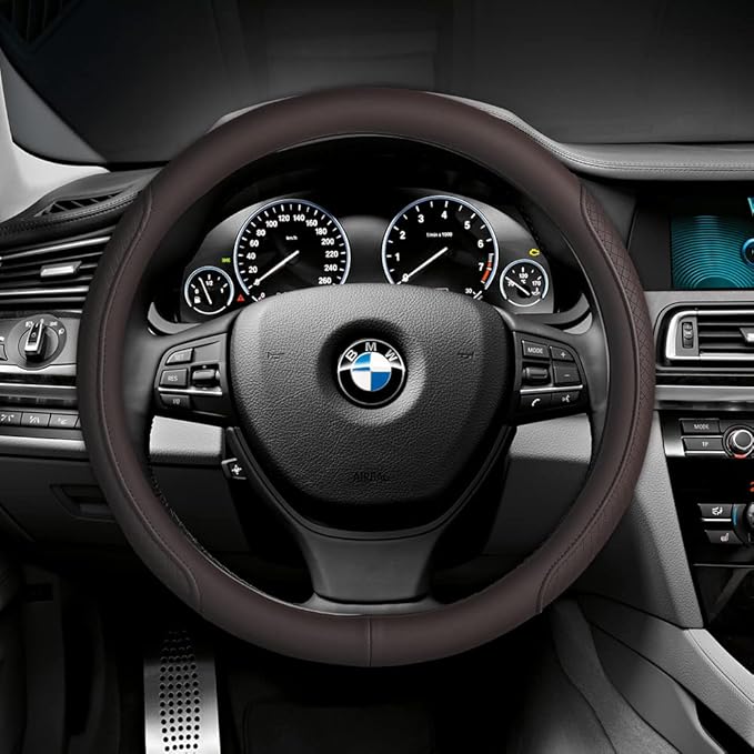 VARGTR Microfiber Leather Steering Wheel Cover with Classic Embossing, Anti-Slip Breathable Auto Car Wheel Protector, 15 Inch, Coffee