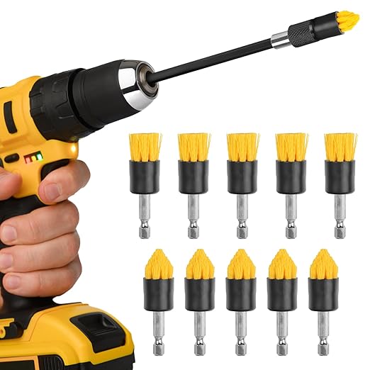 Impresa Drill Brush Attachment Set - Pack of 10, 5 Tapered & 5 Flat, 6 in Extender - Rotary Grout Cleaning Brushes - Crevice Reach with Drill Extender Attachment - Home & Auto Detailing Scrub Heads