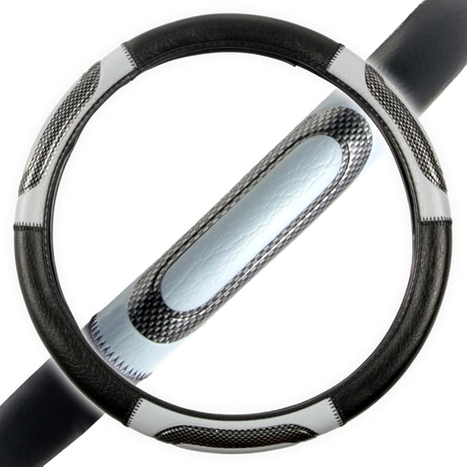 BDK Sporty Two Tone Ergonomic Grip Steering Wheel Cover - Carbon Fiber Grip for Standard Size Wheels 14.5-15 inch Gray/Black