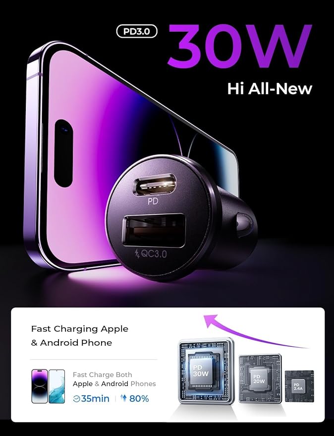 LISEN USB C Car Charger Adapter [2 Pack] [Mini & Metal] Cigarette Lighter USB Charger Fast Charging [PD QC 3.0] USBC Car Phone Charger for iPhone 15 Pro Max Plus 14 Samsung Galaxy S23 iPad Pro, Purple