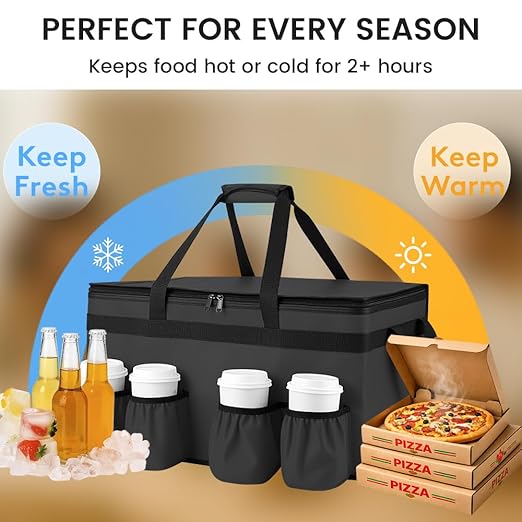 CIVJET Insulated Food Delivery Bag with 4 Cup Holder and Bottom Support, XX-Large Insulated Grocery Bags Keep Food Hot/Cold, Cooler Bags with Drink Carrier, Food Carrier Catering Bag for Events, Black