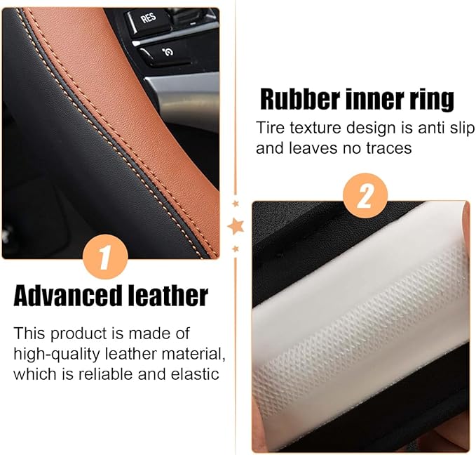 Car Steering Wheel Cover, 15 Inch Leather Anti-Slip Breathable Vehicle Steering Wheel Protecter with Comfortable Feel, Automotive Interior Accessories, Universal for SUV Sedan Truck (Brown)