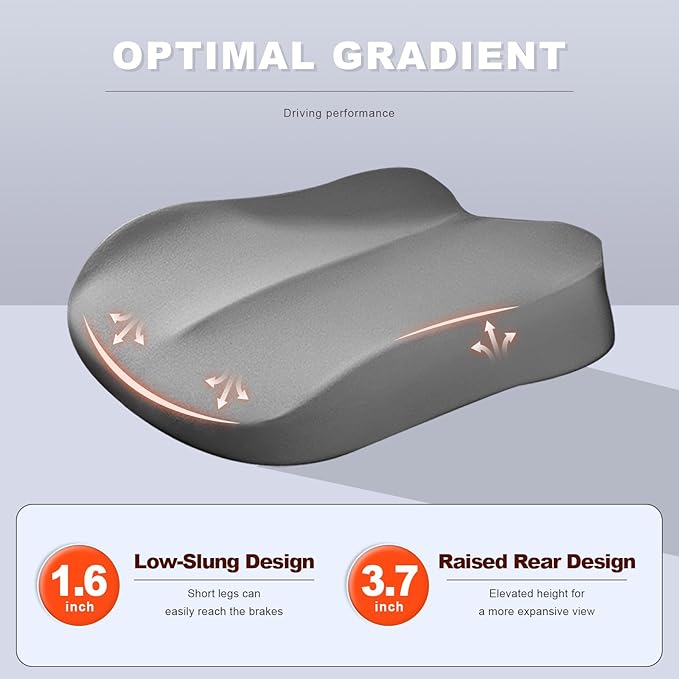 Car Seat Cushion, Ergonomic Memory Foam Auto Seat Boost Mat for Short People Driving, Non-Slip Driver Seats Height Cushion Office Chair Pillow for Tailbone Back Pain Relief (Gray)