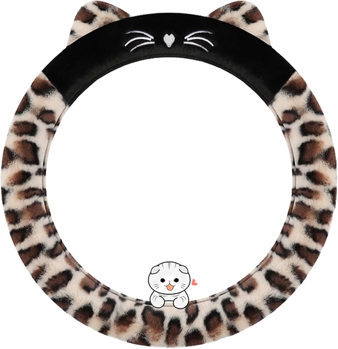 Dotesy 3D Ear Furry Cheetah Car Steering Wheel Cover Set Fluffy Faux Wool Steering Wheel Protector Leopard Anti-Slip Soft Warm Car Accessories for Women (White Khaki)