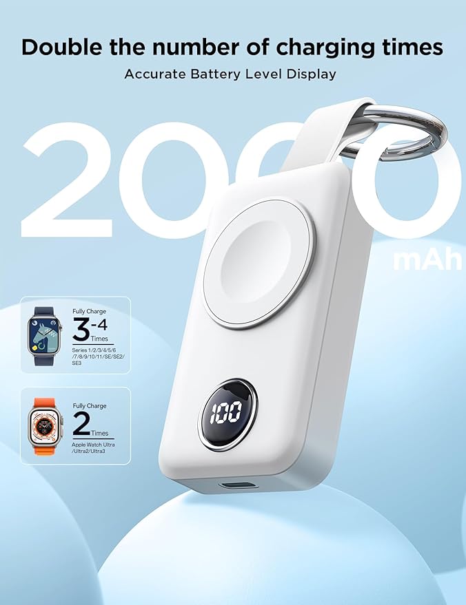 JOYROOM Portable 2000mAh Wireless Charger Compatible for Apple Watch Series 9/8/7/6/5/SE/4/3/2/UItra 2/Ultra, Compact Magnetic iWatch Charger Keychain Style Travel Essentials