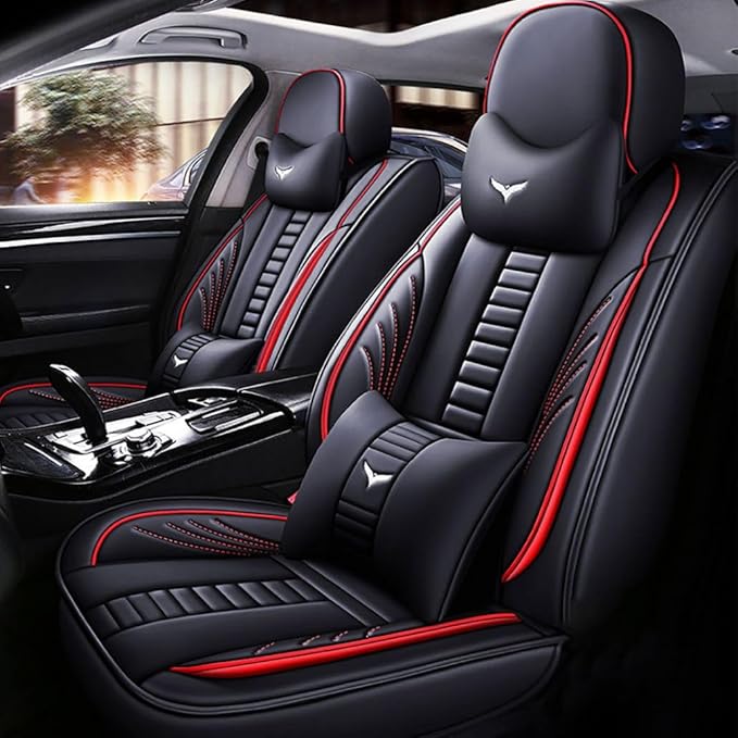 for Chevy Equinox Seat Covers 2005-2026, Full Coverage Customized Car Seat Covers, Premium Leather Waterproof Stain-Resistant Easy to Install (Luxury 5 Seats, Black&Red)