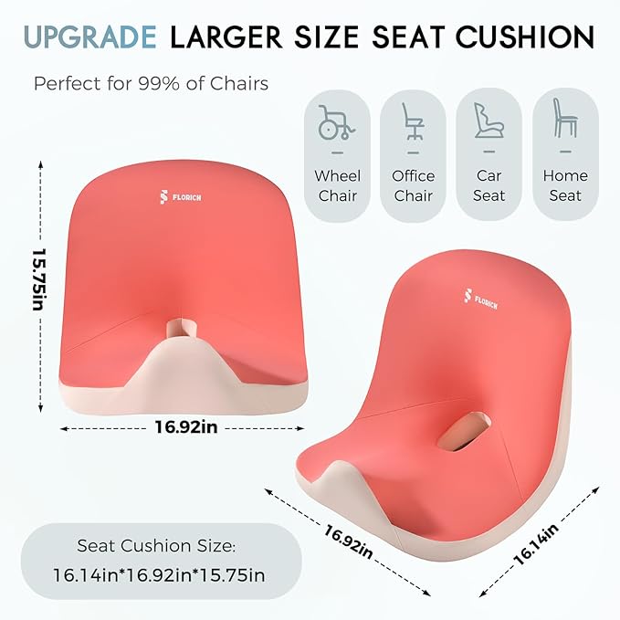 Car Seat Cushion and Lumbar Support Pillow, Larger Memory Foam Seat Cushion, Ergonomic L-Shaped Design Cushion for Back Pain Relief, Non-Slip Driving Cushion for Car, Office, Truck, Wheelchair-Pink